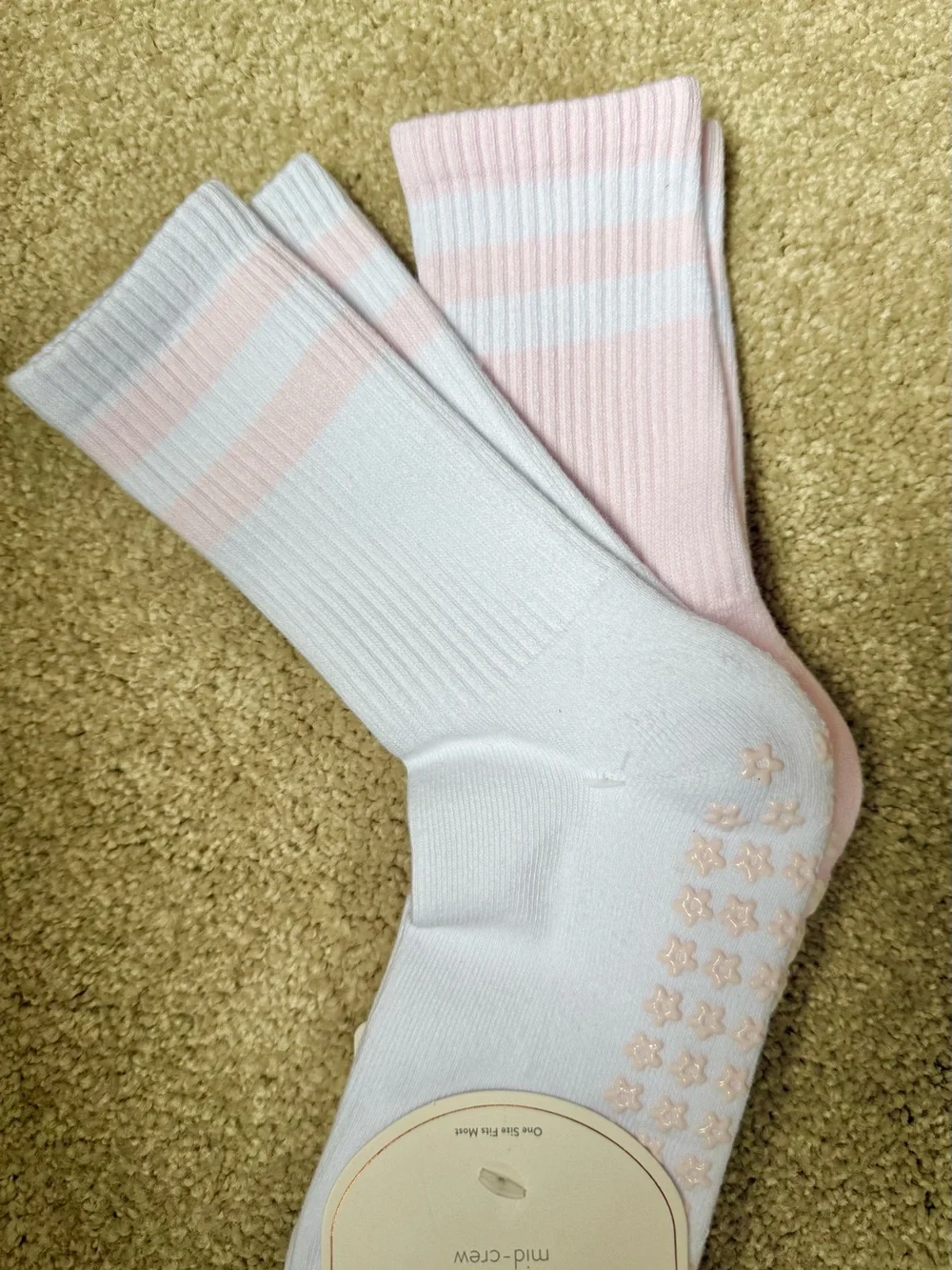Balance Collection Women's Non-Slip Crew Socks - Light Pink & White